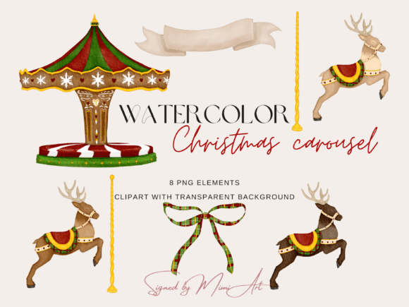 Christmas Carousel Watercolor Clipart & Illustrations