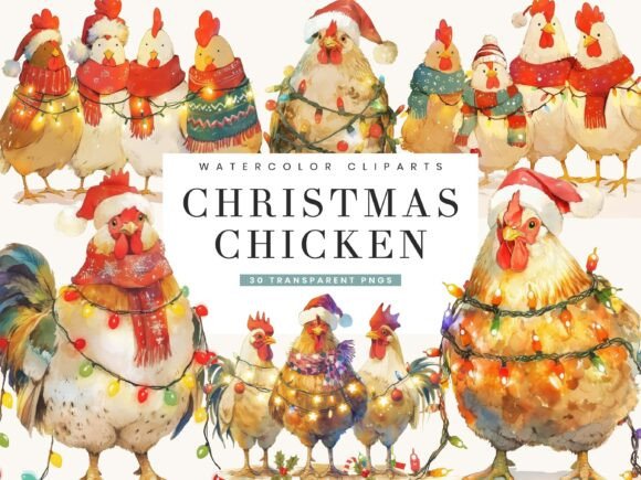 Christmas Chicken Clipart Bundle: Festive Illustrations
