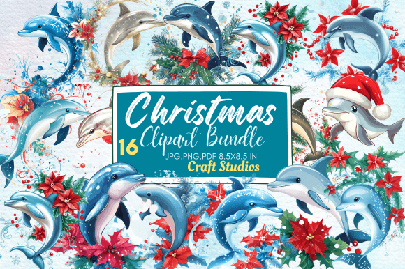 Christmas Dolphin Clipart Bundle: Illustrations