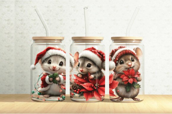 Christmas Mice 16oz Glass Can Wrap Illustrations
