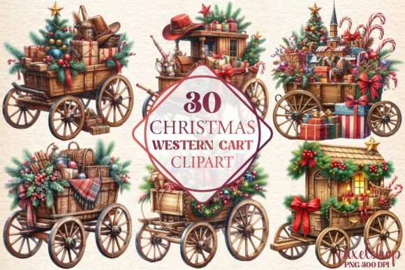 Christmas Western Cart Clipart: Rustic Illustrations