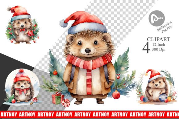 Clipart Watercolor Christmas Hedgehog Illustrations