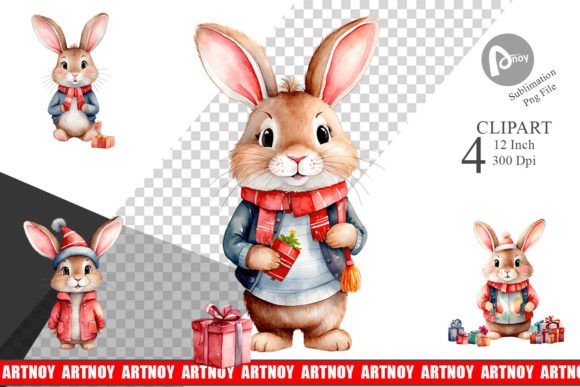 Clipart Watercolor Christmas Rabbit Illustrations