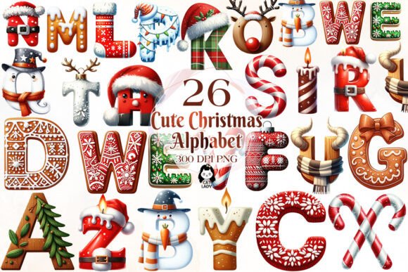 Cute Christmas Alphabet Sublimation Illustrations