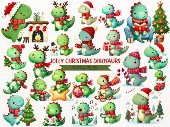 Cute Christmas Dino PNG: Festive Illustrations