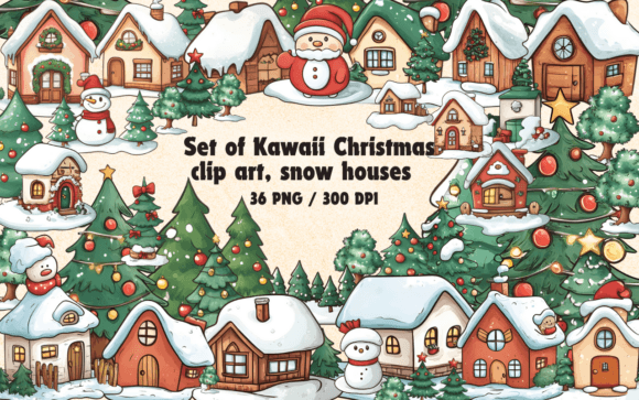 Kawaii Christmas Houses: Festive Illustrations