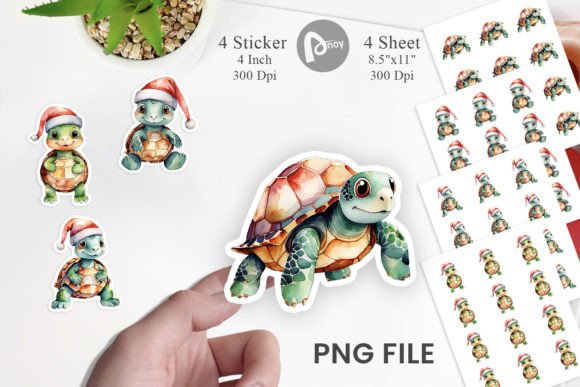 Sticker Watercolor Christmas Turtle Illustrations