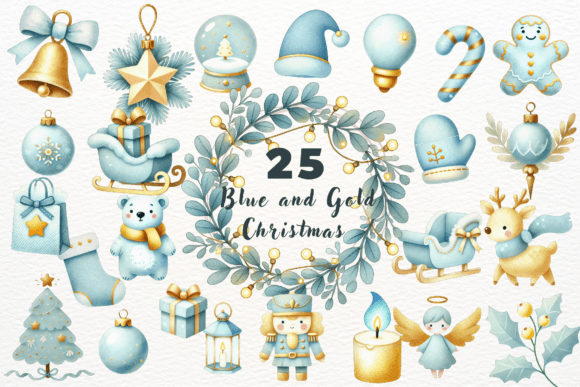 Watercolor Blue and Gold Christmas Illustrations
