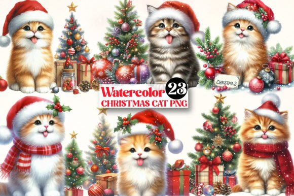 Watercolor Christmas Cat Clipart: Festive Illustrations