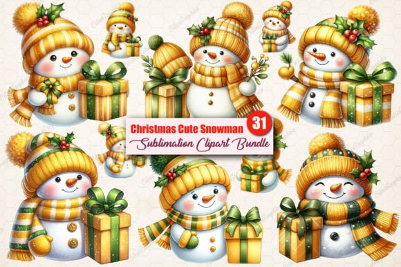 Watercolor Christmas Cute Snowman PNG Illustrations