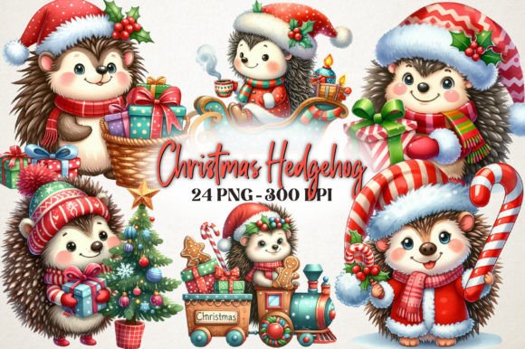 Watercolor Christmas Hedgehog Clipart & Illustrations