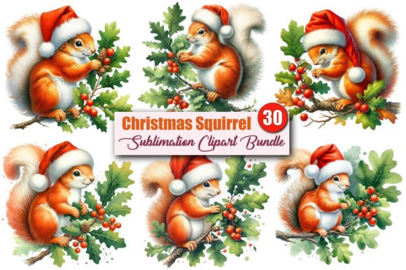 Watercolor Christmas Squirrel Clipart Illustrations