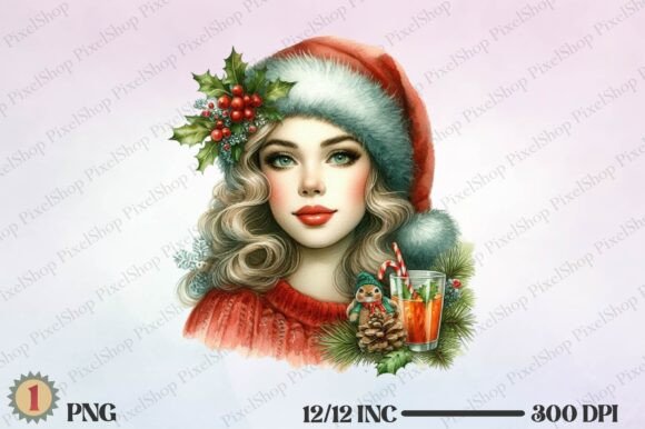 Watercolor Vintage Christmas Woman PNG for Illustrations